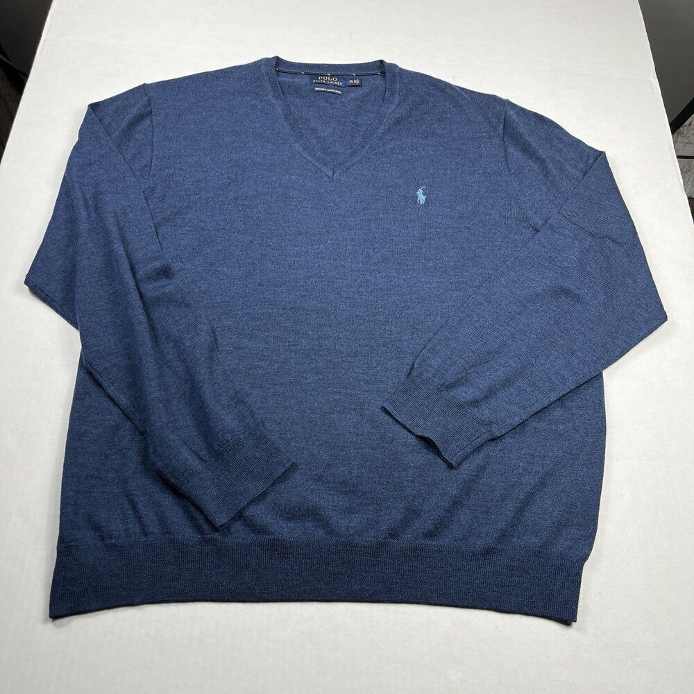 Polo Ralph Lauren Mens V-Neck Sweater Blue Washable Merino Wool Pullover XXL
